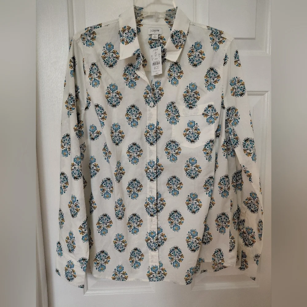 J. Crew White Button-Down with Blue and Yellow Floral Medallions - Picture 1 of 7